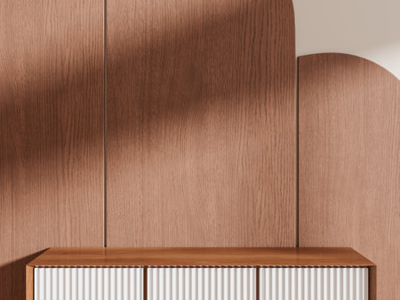 Wooden cabinet with ribbed panels, smooth wooden background, warm light, minimal style, clean and modern aesthetic. 3D Renderingの写真素材