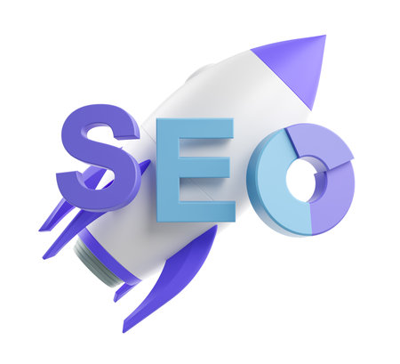 SEO text with rocket and chart elements designed in 3D on a white background, representing optimization, growth, and digital strategy concepts. 3D Rendering.の写真素材