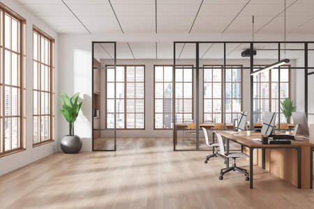 Bright open-space office interior with modern furniture, wooden floor, glass partitions, large windows, and city view in the background. Concept of coworking. 3D Rendering.の写真素材