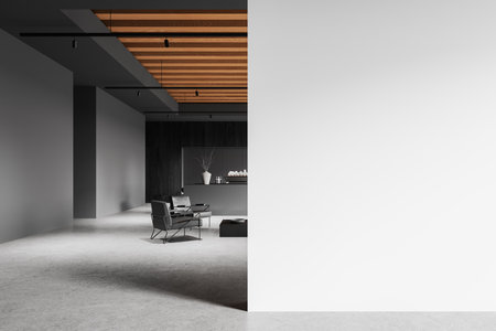 Minimalist interior featuring a blank white wall on the right side, a modern seating area on the left, wooden ceiling, concrete flooring, template concept. 3D Rendering.の写真素材