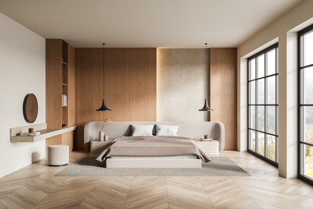 Cozy, modern bedroom with wooden panel walls, neutral tones, large windows, and minimalist furniture. 3D Rendering. Bright, airy design conceptの写真素材