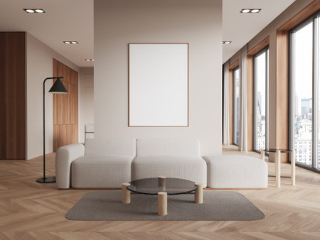 Minimalist interior with blank framed canvas on wall above beige sofa, wooden flooring, panoramic windows, and city view, concept of design. 3D Rendering.の写真素材
