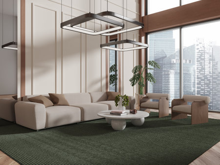 Cozy living room with beige sofa, armchairs, green carpet, round coffee table, plants, and large windows, showing urban view, modern interior concept. 3D Rendering.の写真素材