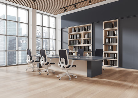 Modern office interior in an open space with wooden floors, large windows, minimalistic furniture, and shelves. Concept of business workspace. 3D Rendering.の写真素材