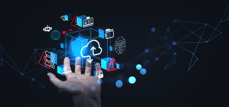 Digital depiction of cloud storage and network security concepts with a hand, floating icons, glowing lines, and a dark backgroundの写真素材
