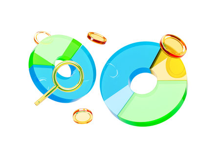 Transparent 3D pie charts with colorful segments, coins, and magnifying glass on a white background. Concept of finance and data analysis. 3D Rendering.の写真素材