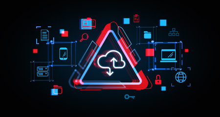 Cloud warning symbol in a triangular frame with digital technology icons on a dark background, representing data security and technology risks. 3D Rendering.の写真素材
