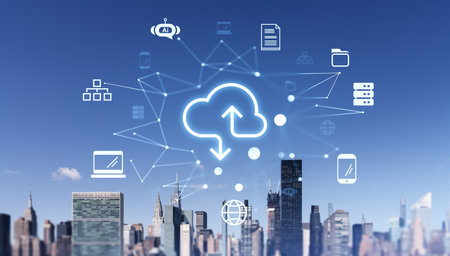 Cloud computing icons overlaying Manhattan skyline, emphasizing digital connectivity, storage, and remote data sharing conceptsの写真素材