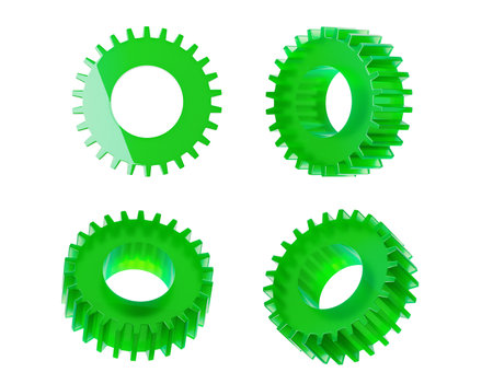 Four green 3D gears with a glossy finish, isolated on a white background, showcasing different angles and details, concept of machinery components. 3D Rendering.の写真素材