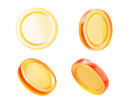 Glossy orange and yellow circular objects, isolated style, on a white background. Concept of transparency, design, and templates. 3D Rendering.の写真素材