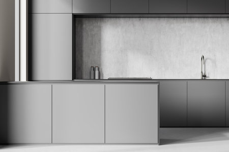 Gray modern kitchen cabinets with a concrete wall backsplash, sleek faucet, and minimal decor. Contemporary design concept, 3D renderingの写真素材