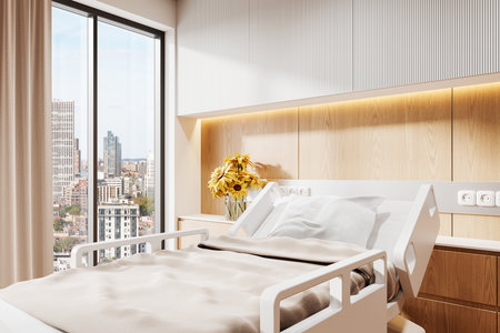 Hospital bed in a modern room with wooden paneling, bright lighting, large window with cityscape view, and vase of yellow flowers adding warmth. 3D Rendering.の写真素材