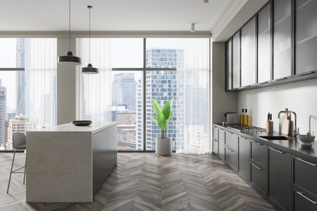 Modern kitchen with large windows, cityscape view, elegant cabinetry, sleek countertops, chevron-pattern flooring. Concept of clean interior design. 3D Rendering.の写真素材
