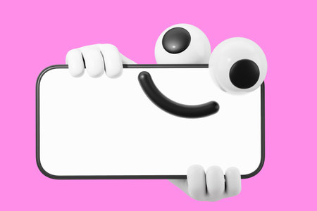 3D illustration of a phone character with googly eyes and hands holding a blank screen, smiling on a pink background, concept of digital communication. 3D Rendering.の写真素材
