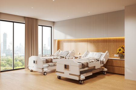 Two medical beds in a modern, well-lit hospital room with wooden paneling, large windows showing a city view, and sunflowers as decoration. 3D Renderingの写真素材