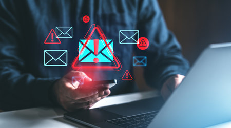 Person holding a phone, with email spam alert icons displayed, in a dim workspace. Concept of cybersecurity and data protectionの写真素材