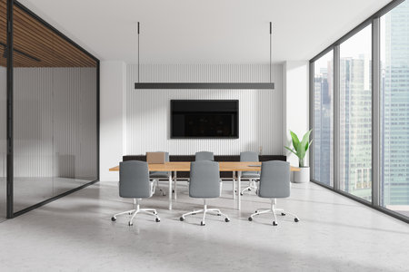 Conference room featuring a wooden table, gray chairs, and a minimalist white wall, complemented by large windows and a green plant. Modern workspace. 3D Rendering.の写真素材