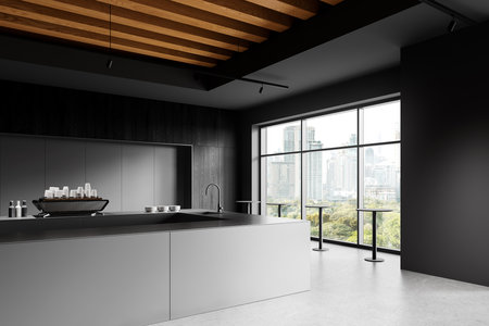 Elegant kitchen with sleek gray cabinets, wooden ceiling, and a wide glass window showcasing a city view, minimalist and contemporary concept. 3D Rendering.の写真素材