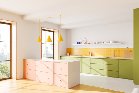 Vibrant modern kitchen interior with pastel pink and green cabinets, yellow tile backsplash, and yellow cone pendant lights. Natural light, design elegance. 3D Rendering.の写真素材