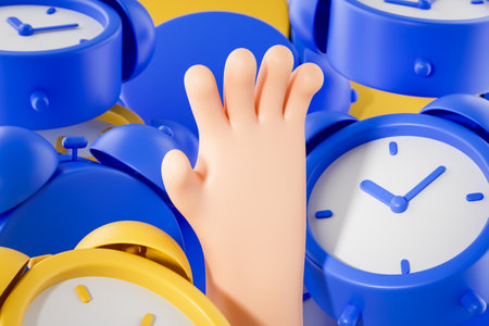 A 3D rendering of a hand emerging from a pile of blue and yellow alarm clocks, set against a vibrant yellow background, symbolizing time and urgencyの写真素材