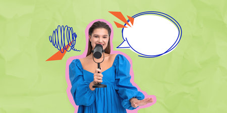 Woman holding microphone, wearing blue dress, speech bubble and abstract elements around, green textured background, communication conceptの写真素材