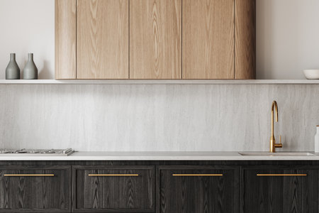 A modern kitchen setup with natural wood cabinets, a marble backsplash, dark lower cabinets, and a...