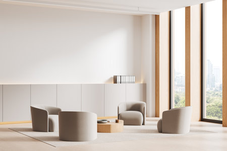Modern lounge with beige armchairs, round wooden table, large window with city view, neutral wall, built-in storage. Concept of interior design. 3D Rendering.の写真素材