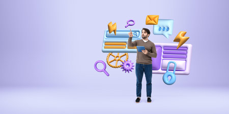 A man holding a tablet interacts with vibrant 3D-style digital icons like gears, chat bubbles, and...