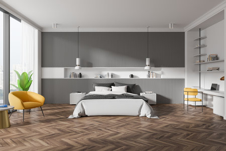 Contemporary bedroom with chevron wooden flooring, gray feature wall, and stylish furniture, including yellow chairs, against a windowed background. Elegant design. 3D Rendering.の写真素材