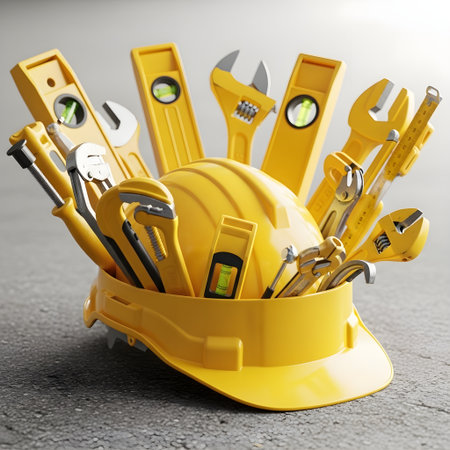 Yellow helmet with construction tools on the floor. 3d illustration.の素材