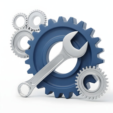 3D gear wheel and wrench on white background (clipping path included)の素材