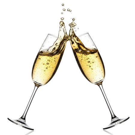 Two glasses of champagne with splash isolated on white background, clipping path includedの素材