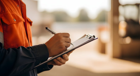 Closeup of a male worker writing on a clipboard with a penの素材