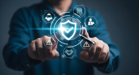 Businessman on blurred background using antivirus shield with icons 3D renderingの素材