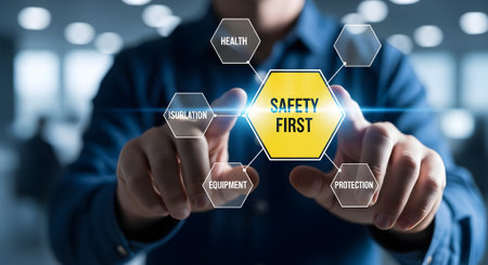 Businessman touching a safety first concept on a touch screen with his fingersの素材
