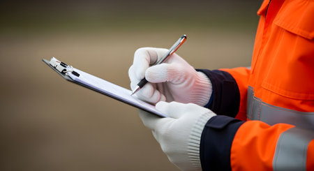 Close up of a construction worker writing on a clipboard with a penの素材