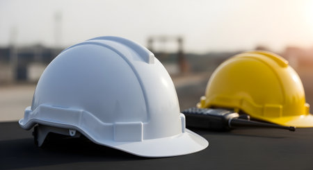 Safety helmet and hard hat on the table in construction site background.の素材