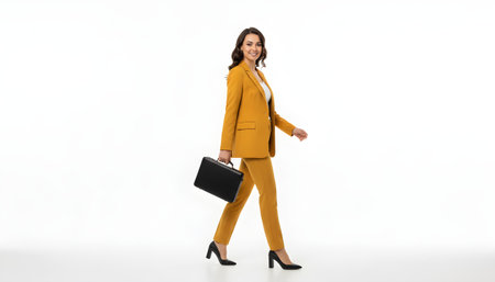 Full length portrait of a businesswoman in yellow suit walking with briefcase on white backgroundの素材