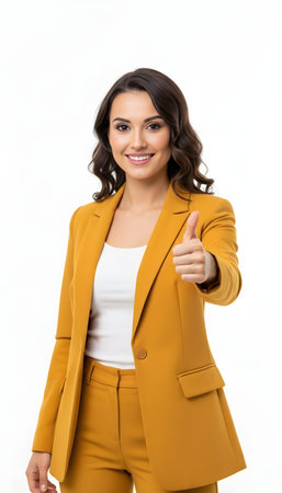Portrait of happy smiling young businesswoman showing thumbs up gesture, isolated over white backgroundの素材