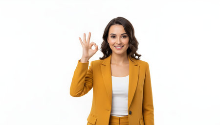 Portrait of a young businesswoman showing ok sign on white backgroundの素材