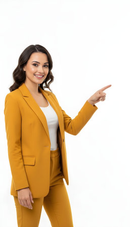 Portrait of happy young businesswoman pointing at copy space over white backgroundの素材