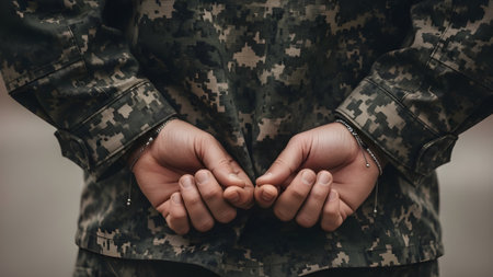 A man in a military jacket holds his hands in a heart shape.の素材
