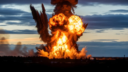 Big explosion in the night sky. Close-up of a huge explosion.の素材