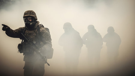 United States Navy special forces soldier in action on war foggy dayの素材