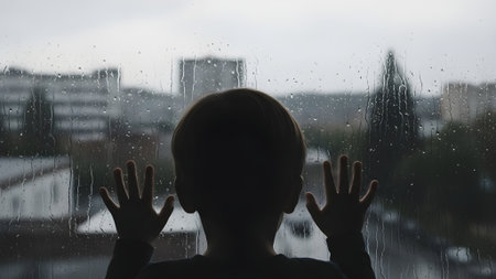 Silhouette of a child looking through the window at the rainの素材
