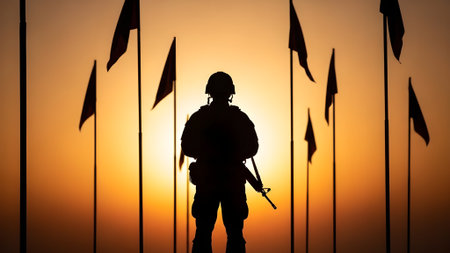 Silhouette of a soldier with a machine gun on a sunset backgroundの素材