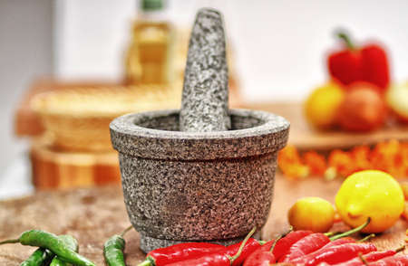 stone mortar and pestle, kitchen urensilの写真素材