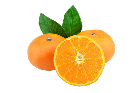 Orange fruit with half and leaves isolated on white backgroundの写真素材