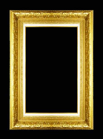 Gold vintage picture and photo frame isolated on black backgroundの写真素材