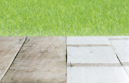 Fresh spring green grass and wood floorの写真素材